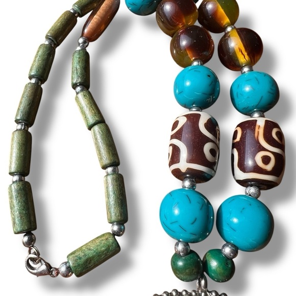 Statement Blue and Brown Beaded Necklace Wood Beads - Picture 8 of 10